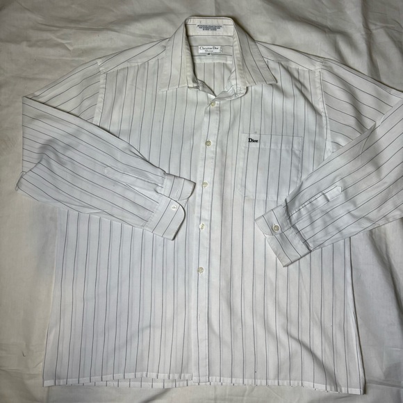 CHRISTIAN DIOR Chemises Pinstriped Womens Dress Shirt Size 18 White Vintage - Picture 2 of 9
